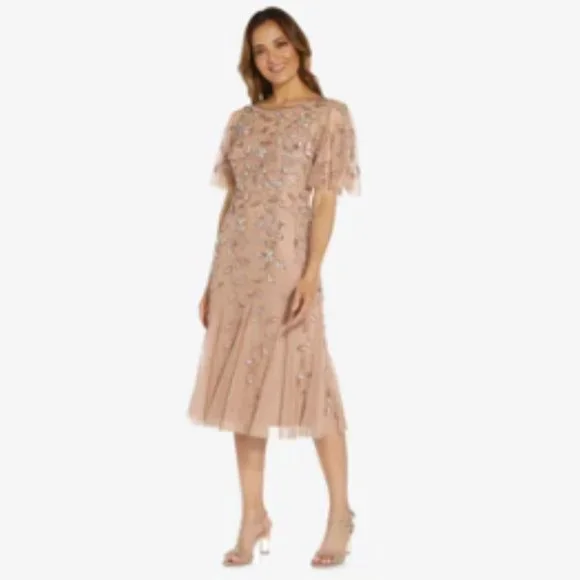 Adrianna Papell | Dresses | Adrianna Papell Handbeaded Mididress With  Flutter Sleeves In Rose Gold | Poshmark